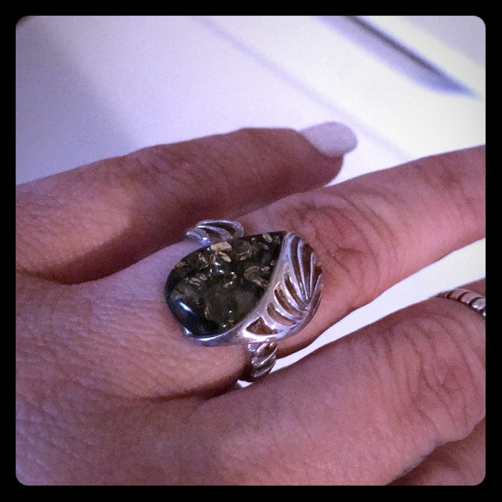 Amber green sterling silver 925 adjustable ring